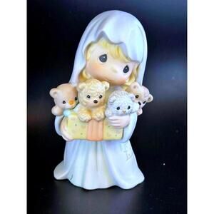 Precious Moments Girl with Teddy Bear Basket Figurine Pastel Porcelain Gift